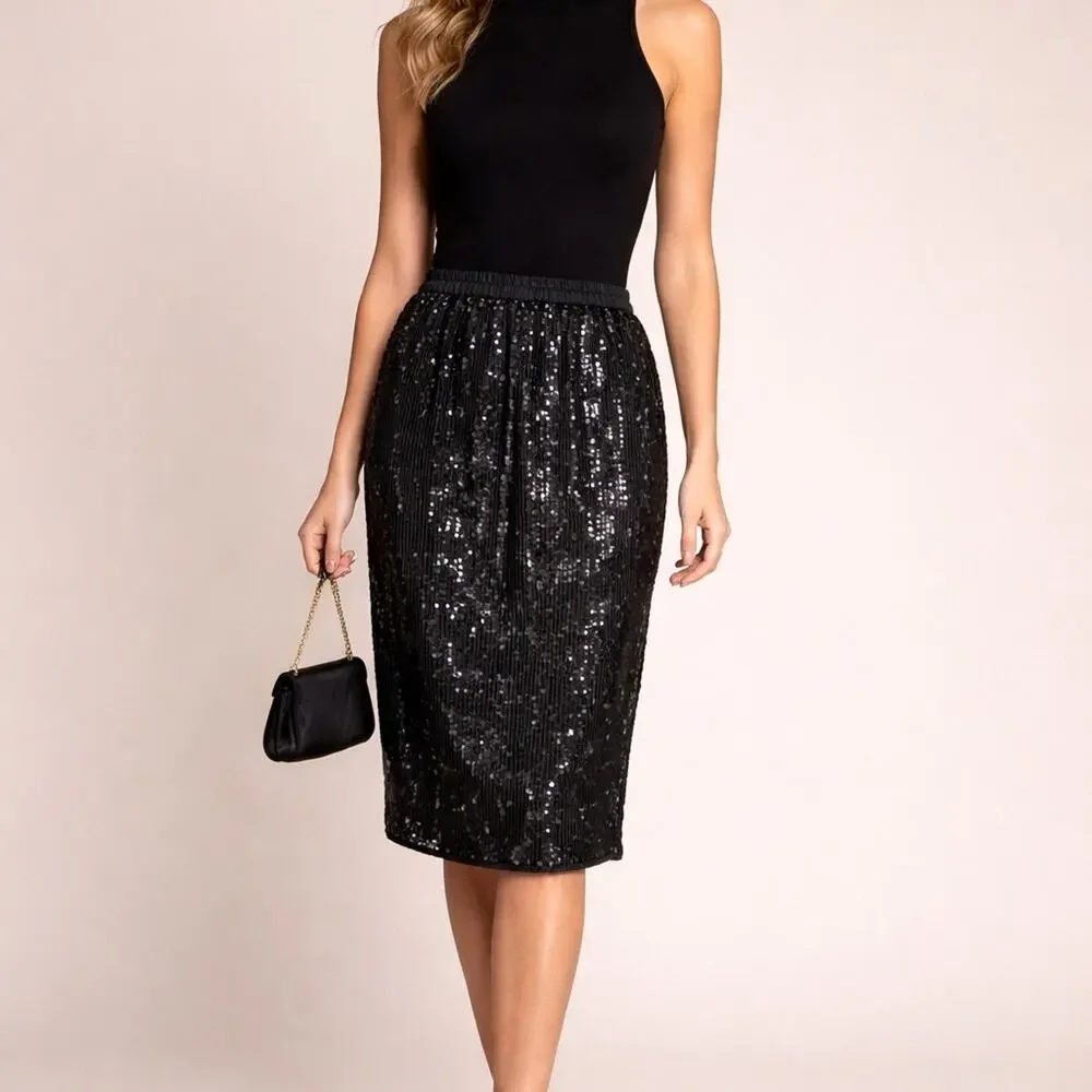 Vintage Albert Paul Black Sequin Silk Pencil Skirt Womens Sz M Knee Length Glam
